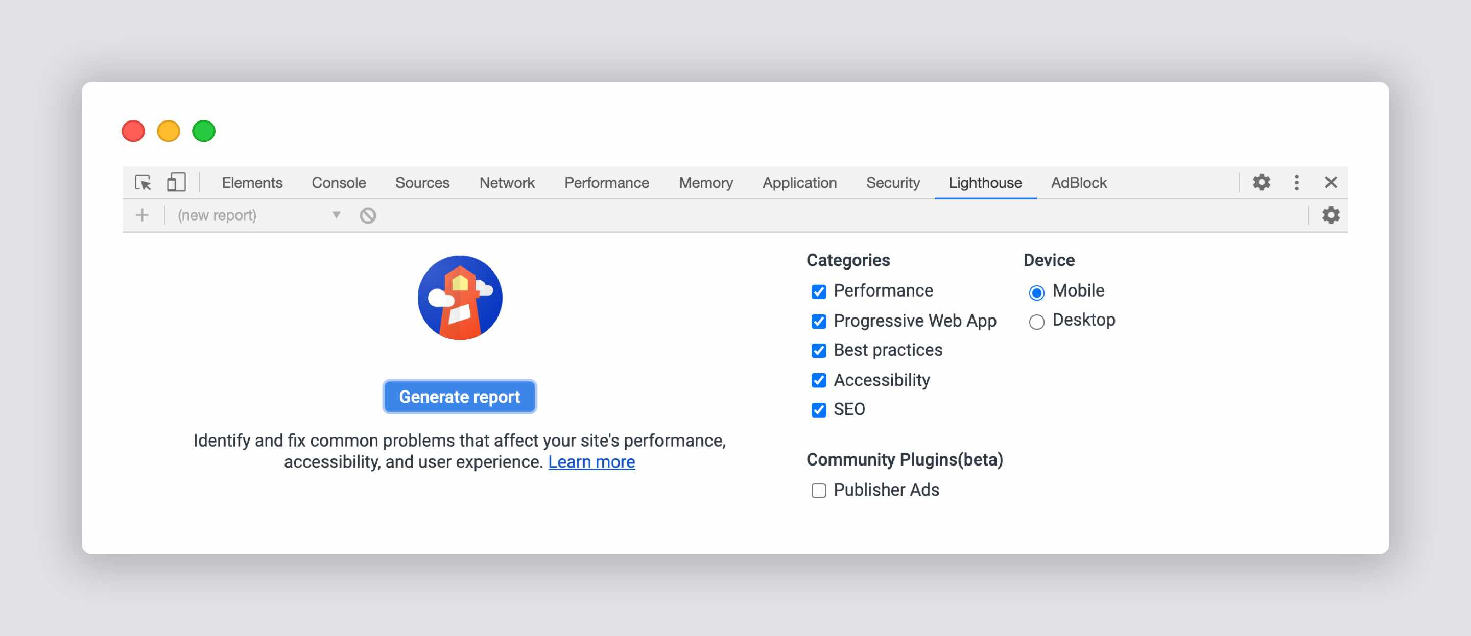 Lighthouse, the Chrome developer tool