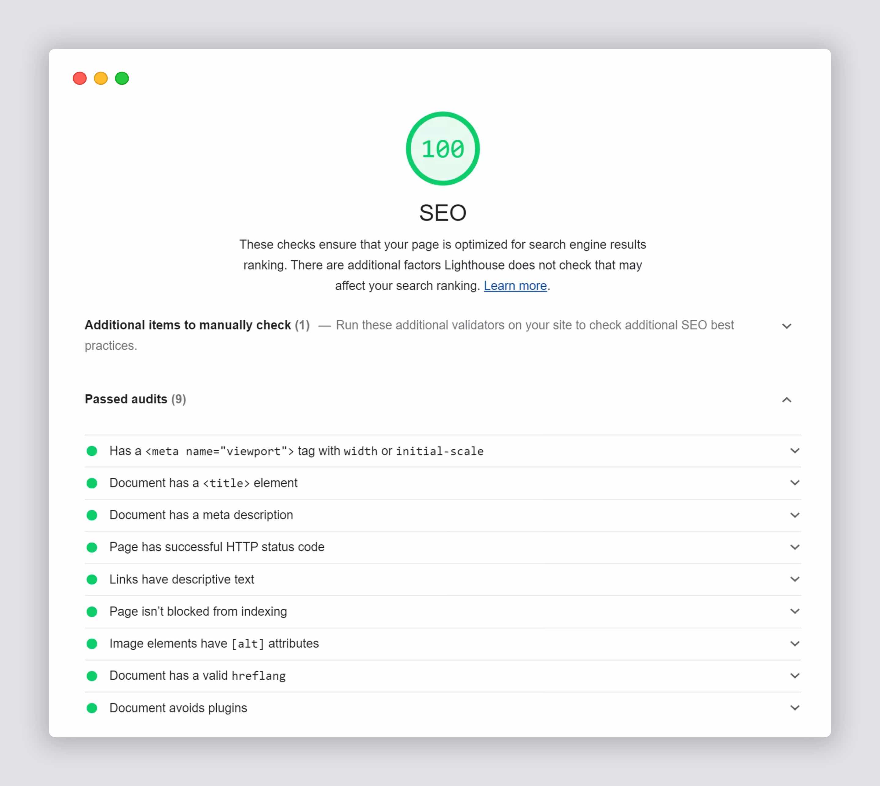 Lighthouse. SEO performance results for a Next.js app